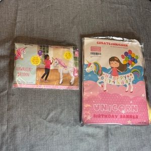 Girl’s Happy Birthday Party Set Unicorn Banner and Giant Airwalkers Balloon